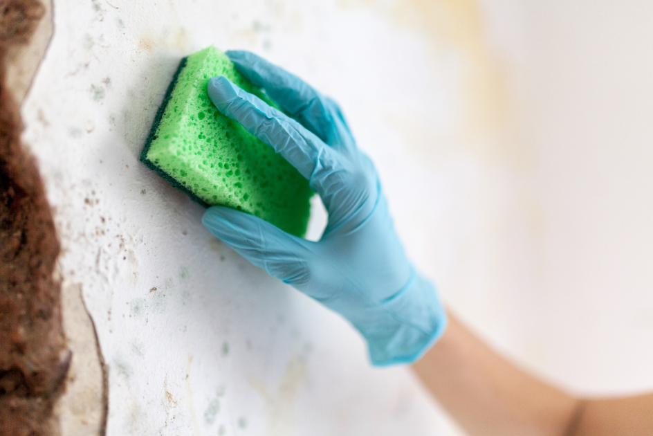 A hand using a sponge to clean a wall